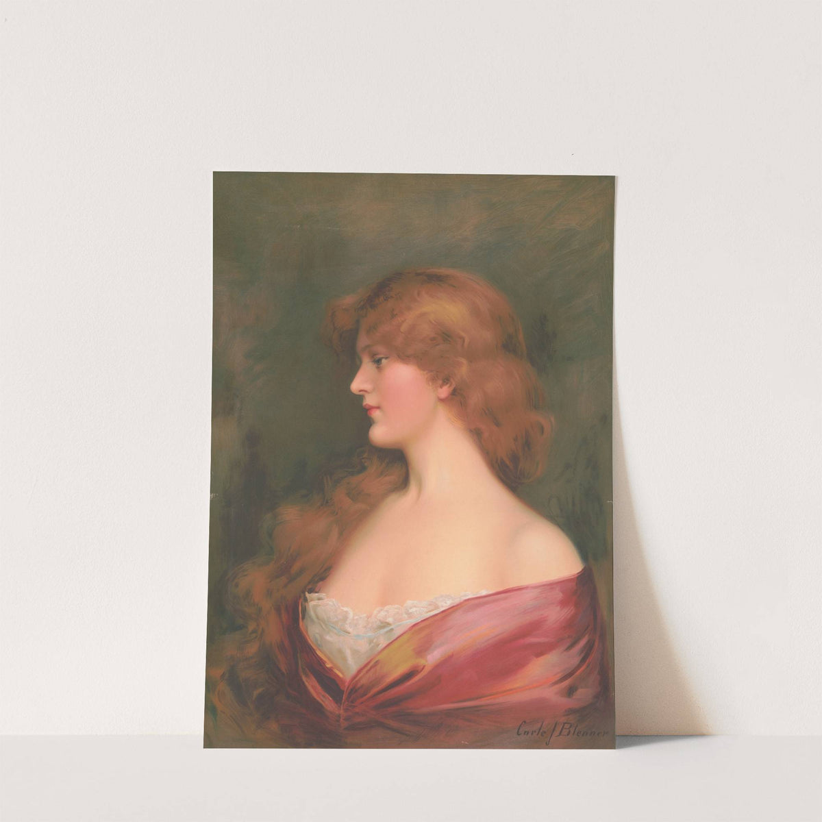 Girl with long brown hair in a red dress (1905) by Carle J. Blenner