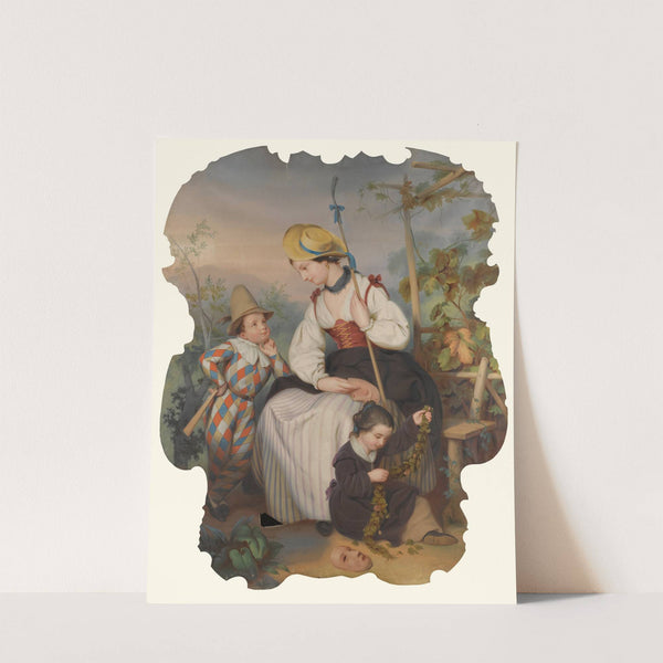 Girl With Two Children, The Boy Dressed As A Harlequin by Continental School