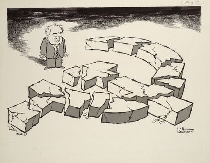 Gorbachev beholds a shattered hammer and sickle