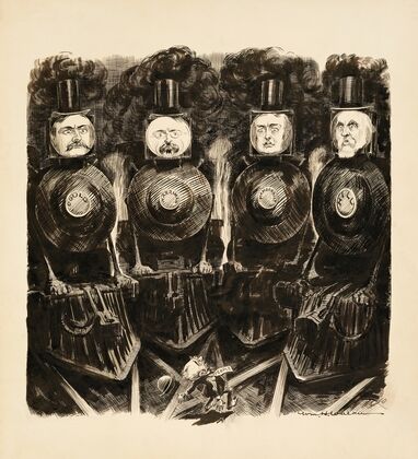 Gould, Harriman, Vanderbilt, and Hill, depicted as trains, about to run over a small man representing the people. (1907)