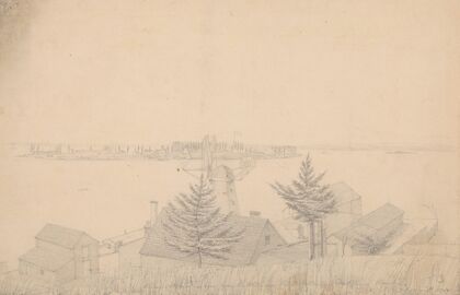 Governor’s Island as seen from the hills over Pierpont’s [i.e. Hezekiah B. Pierrepont] mill and distillery, Brooklyn