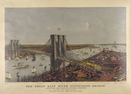 Grand birds eye view of the Great East River suspension bridge Connecting the cities of New York & Brooklyn (1885)
