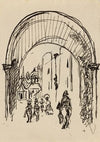 Grande arcade d’une entrée de ville avec cavaliers