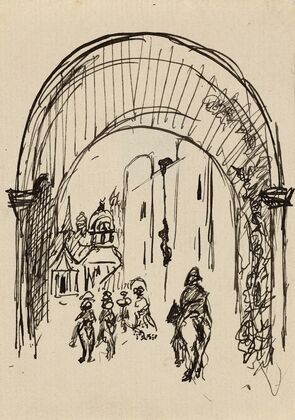 Grande arcade d’une entrée de ville avec cavaliers