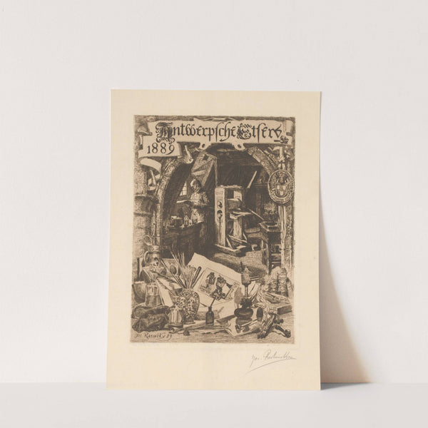 Graphic artist in his workshop with various graphic attributes in the foreground (1889) by Jos Ratinckx