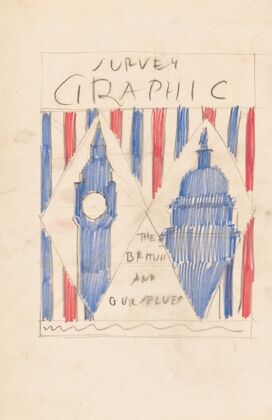 Graphic design for cover of Survey Graphic Magazine; ‘The British and Ourselves’.] [Drawing with British Parliament and US Capitol Building
