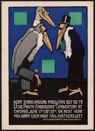 Graphic design for Photo Engravers Convention, Chicago.] [Poster featuring cartoon-like storks