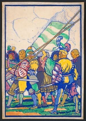 Graphic designs for Scribner’s Magazine cover, Medieval Festival theme.] [Colored drawing of men with medieval clothing and weapons