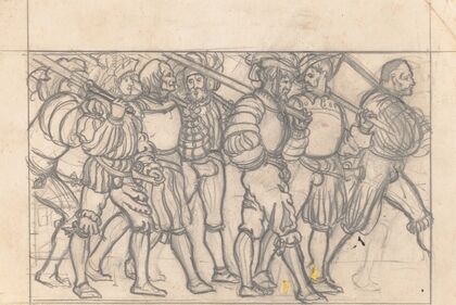 Graphic designs for Scribner’s Magazine cover, Medieval Festival theme. Drawing of men with medieval clothing and items, walking to the right