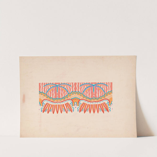 Graphic textile or wallpaper designs with geometric patterns.] [Interior; mural color study, tropical theme with palm trees by Winold Reiss