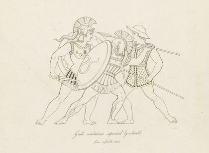 Greek combatants separated by a herald; from a fictile vase (1812)