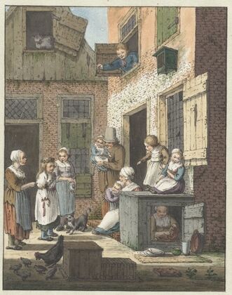 Groep mensen voor de deur van een woning — size preview