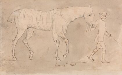 Groom Leading a Racehorse Wearing Hood and Sweaters, June 24, 1743