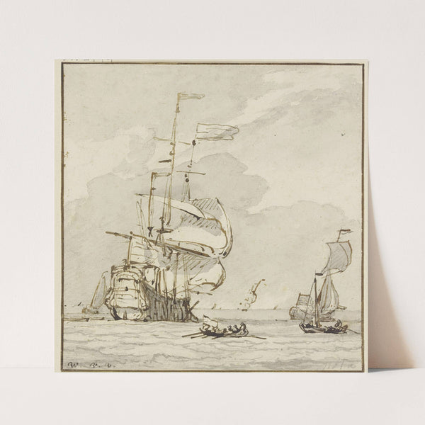 Großes Schiff von links nach hinten segelnd, vorne ein Ruderboot und mehrere andere Schiffe by Willem van de Velde the Younger