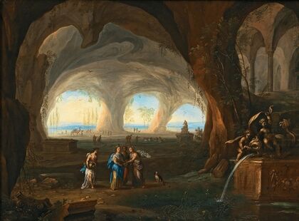 Grotto interior with women in antique dress at a fountain