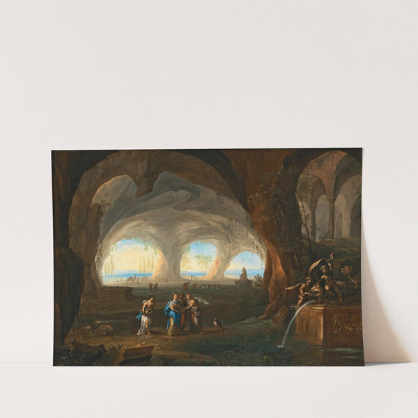 Grotto interior with women in antique dress at a fountain by Monogramist MM