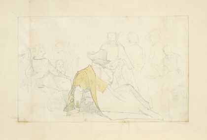 Group of figures, with man, viewed from the back, reclining in foreground