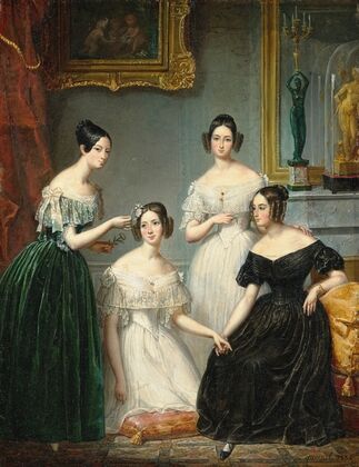 Group portrait of four young ladies in an interior