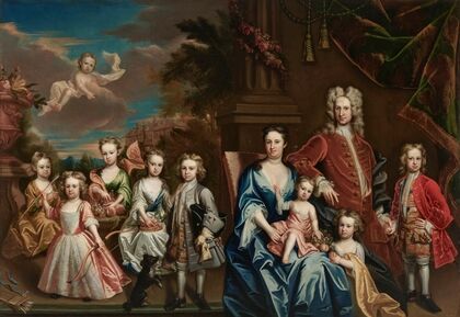 Group portrait of James Herbert (1688-1721) and Maria Herbert, née Hallet (d. 1729), with their children, in the park at Tythrop — size preview