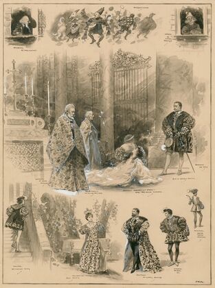 Grouped vignettes depicting characters and scenes from Much ado about nothing as performed at His Majesty’s in 1905 (1905)