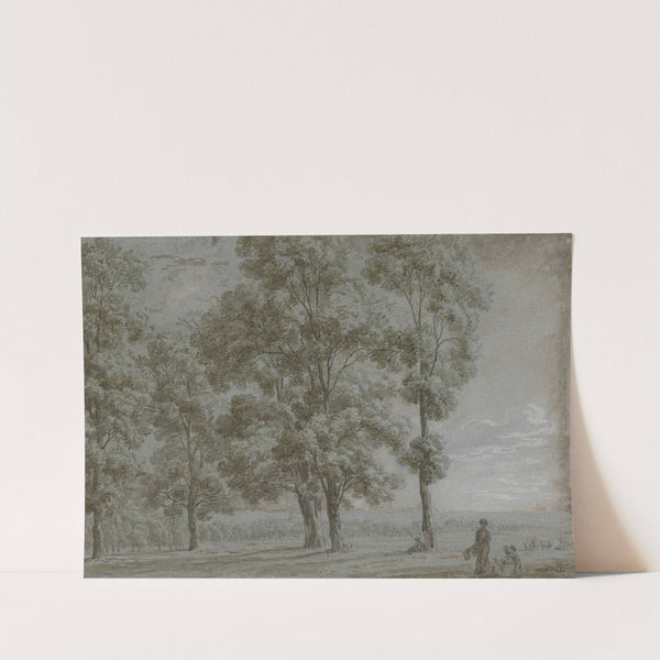 Gruppe von fünf hohen Bäumen mit Durchblick auf eine weite Landschaft, rechts vorne eine sitzende und eine stehende Frau und ein Kind by Marquard Wocher