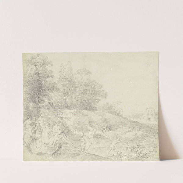 Gruppe von zehn badenden und am Ufer lagernden Mädchen an einem Waldrand by Johann Christian Klengel