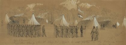 Guard Mount in the Camp of the 1st Mass. Vol. Opposite the rebel position on the Potomac near Budds Ferry