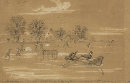 Guerilla warfare. Unarmed Union soldiers fired at by farmers on the James River