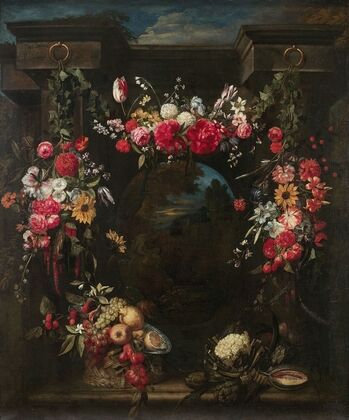Guirlande de fleurs, fruits et légumes entourant un paysage avec un dieu fleuve — size preview