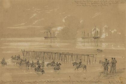 Gunboats shelling the enemy at the battle of Malvern hill sketched from McClellans headquarters