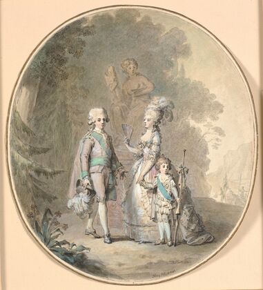 Gustav III, dronning Sophie Magdalene og kronprins Gustav Adolph spadserende i Hagaparken — size preview