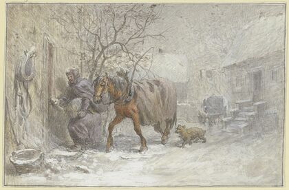 Gutshof im Winter, ein Pferd wird vom Kutscher in den Stall geführt