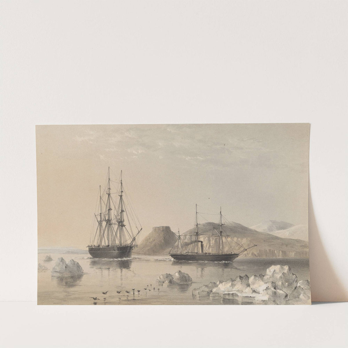 H.M.S. Assistance, in tow of the Pioneer (Captain Sherard Osborn), Passing John Barrow Mount, North of Wellington Channel, 1853 by Walter William May