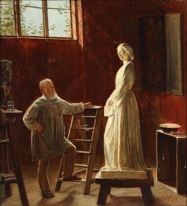 H.W. Bissen betragter sin statue af Johanne Louise Heiberg
