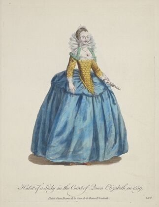 Habit of a lady in the court of Queen Elizabeth in 1559. Habit d’une dame de la cour de la Reine Elizabeth. (1757-1772)