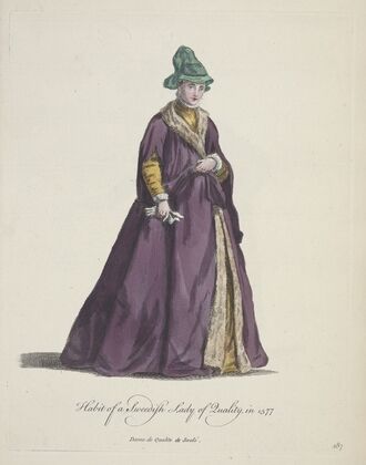 Habit of a Swedish lady of quality in 1577. Dame de qualite de Suedé. (1757-1772)