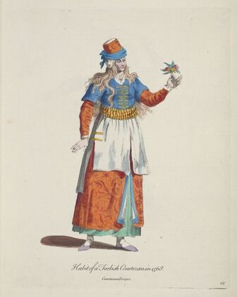 Habit of a Turkish courtezan in 1568. Courtisane Turque. (1757-1772)