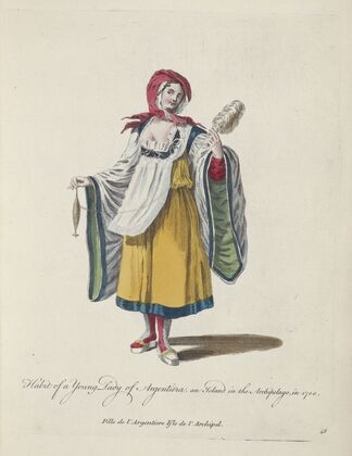 Habit of a young lady of Argentiera and island in the Archipelago in 1700. Fille de l’Argentiere Isle de l’Archipel. (1757-1772)