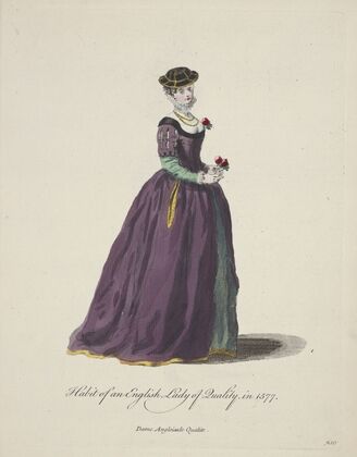 Habit of an English lady of quality in 1577. Dame Angloisede qualitie. (1757-1772)