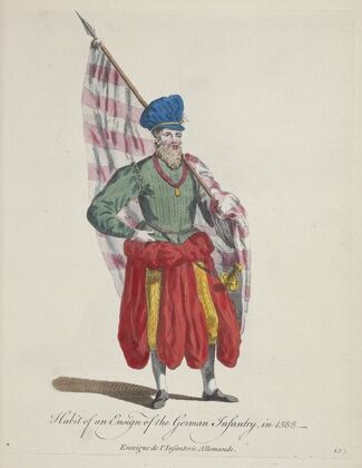 Habit of an ensign of the German infantry in 1588. Enseigne de l’infanterie Allemande. (1757-1772)