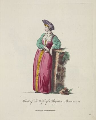 Habit of the wife of a Russian boor in 1768. Femme d’un paysan de Russe. (1757-1772)
