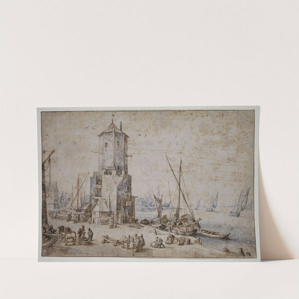 Hafenansicht mit achteckigem Turm und Segelbooten by Jan Brueghel The Elder