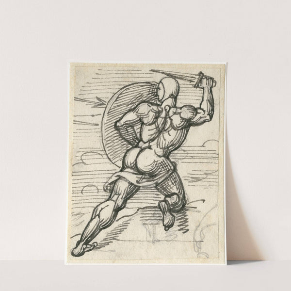 Halfgeknielde krijger in gevecht, rugfiguur by David Humbert de Superville