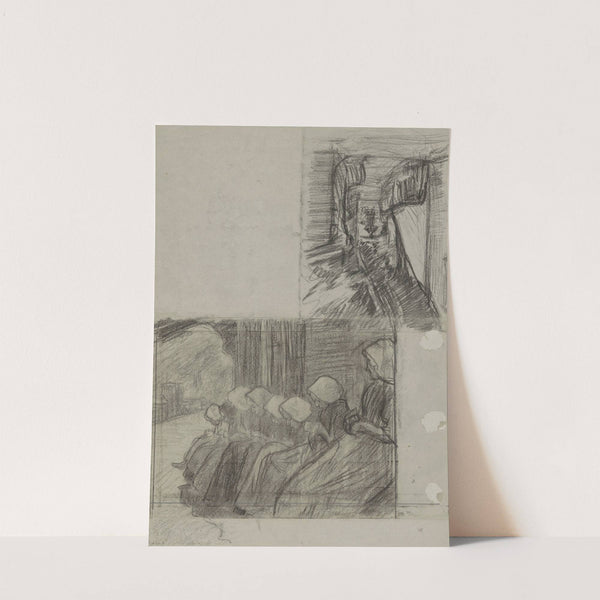 Handwerkende meisjes op een rij en schets van een weggetje by Jan Veth