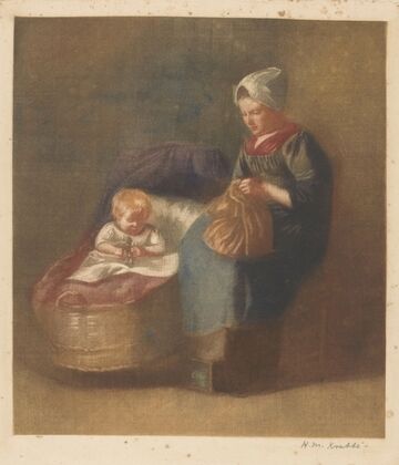 Handwerkende vrouw naast een kind een wieg
