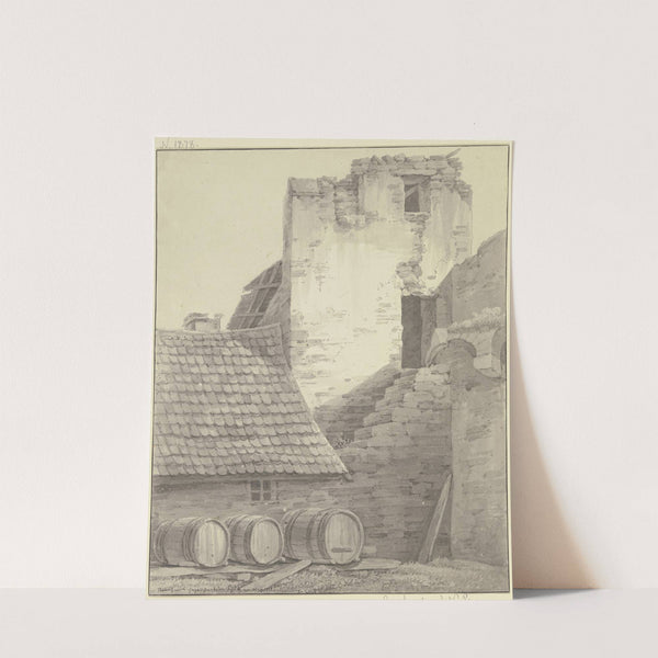 Haus an einer Stadtmauer mit Turm und Treppe, im Vordergrund drei liegende Fässer by Christian Georg Schütz the Younger