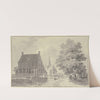 Haus mit Wassergraben und Steg, hinten die Kirche, rechts ein Baum, unter welchem ein Wagen und mehrere Figuren stehen by Cornelis Pronk