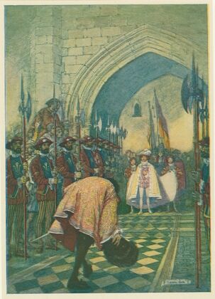 He turned, doffed his plumed cap, bent his body in low reverence, and began to step backward.