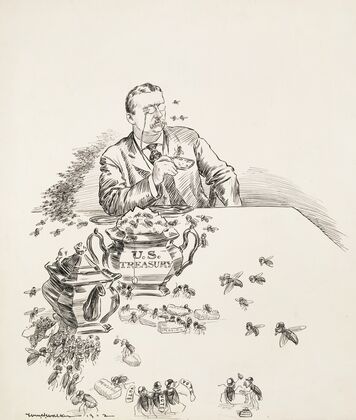 he U.S. Treasury, depicted as a sugar bowl, is raided by bees who pull out sugar for pensions (1902)