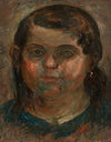 Head of a little girl in a blue dress